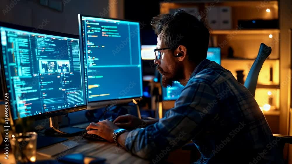 An IT professional working in the night at his desk An IT professional working in the night at his desk