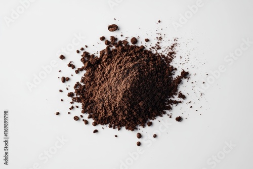 Close-up of a pile of dark brown coffee grounds on a white background. photo