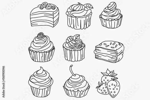 Hand-drawn illustration of various cakes and cupcakes with berries and cream.