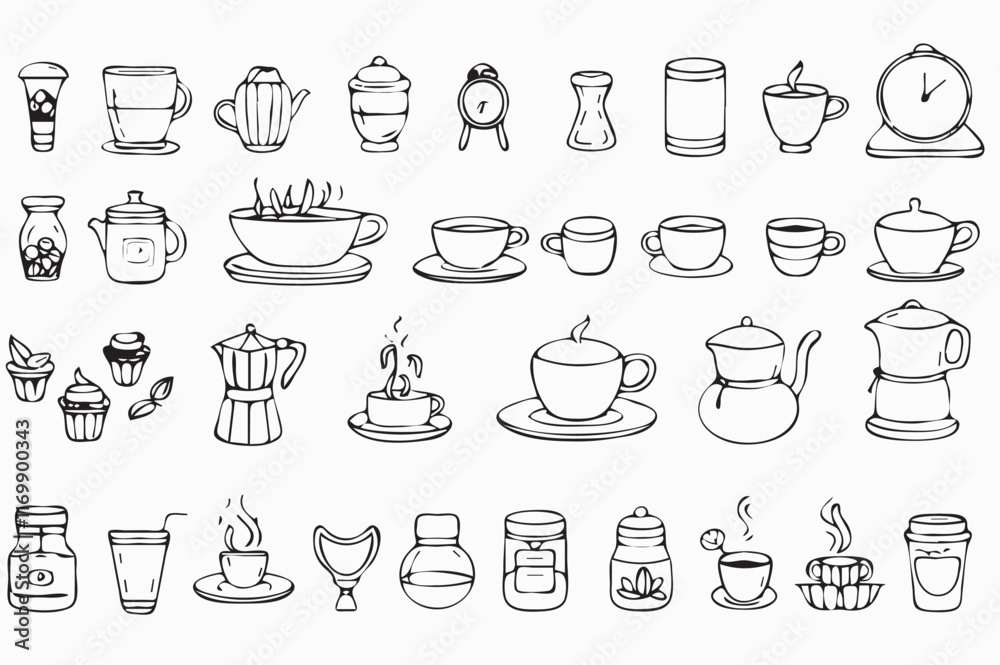 Hand-drawn coffee and tea icons set. Hand-drawn coffee and tea icons set.