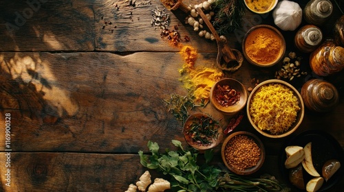 A vibrant display of various spices and herbs arranged artistically on a wooden surface.