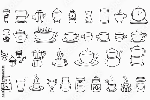 Hand-drawn coffee and tea icons set.