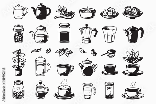 Collection of hand-drawn coffee and tea icons including pots, cups, mugs, and ingredients.