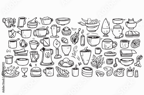 Hand-drawn illustration of various coffee and tea cups, mugs, bowls, and kitchen utensils.