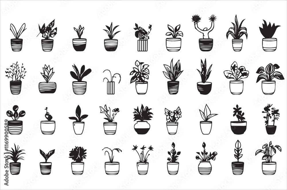 Naklejka premium Collection of potted plants, black and white illustration.