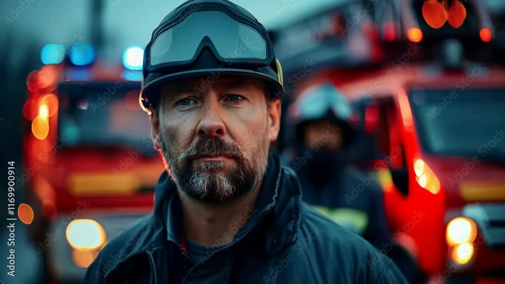 Firefighter standing in front of fire truck with team behind him