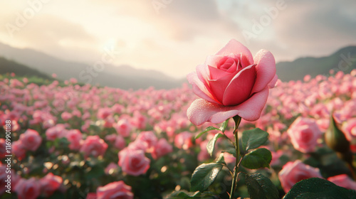 Fototapeta Naklejka Na Ścianę i Meble -  beautiful pink rose blooming in vast field of roses, surrounded by soft sunlight and mountains in background, evokes sense of tranquility and natural beauty