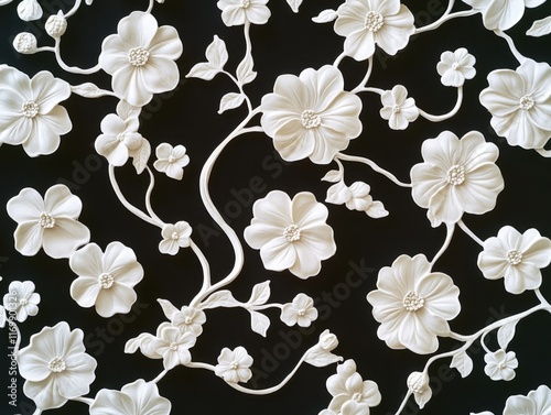 Black and white floral pattern with white flowers. The flowers are arranged in a way that they look like they are growing out of the black background. The pattern is very intricate and detailed photo