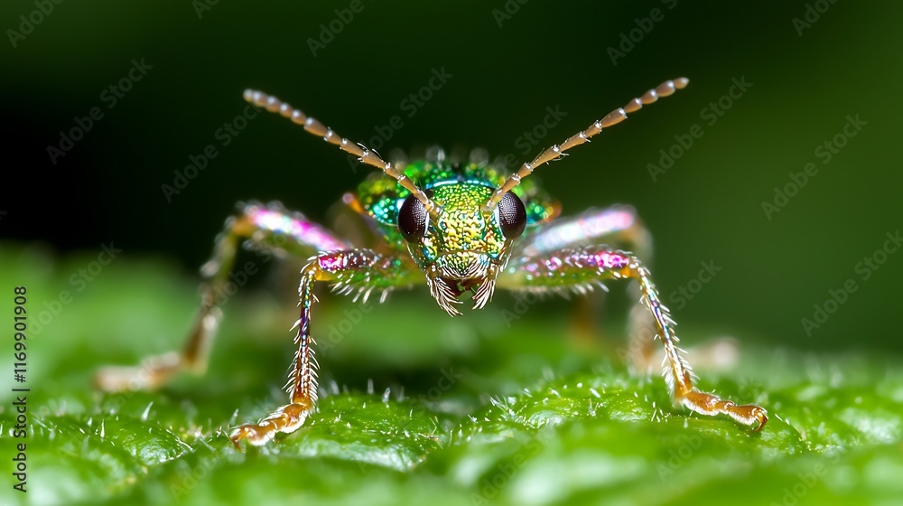 Fototapeta premium Close-up of a vibrant green jewel beetle on a leaf.
