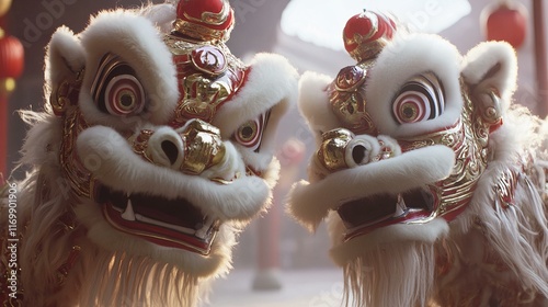 Lion Dance Costume Close Up, Traditional Asian Festive Celebration photo