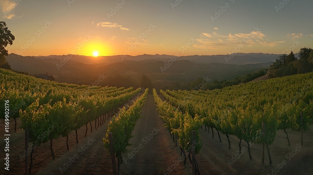 Naklejka premium A panoramic view of a sprawling vineyard with rows of grapevines stretching out under a golden sunset sky