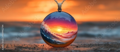 Breathtaking sunset landscape reflected in a spherical glass pendant floating on the sandy beach  The sky is ablaze with vibrant oranges and pinks creating a mesmerizing and dreamlike scene