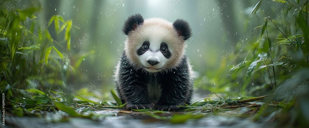 Obraz premium Adorable Panda Cub in the Rain, Bamboo Forest