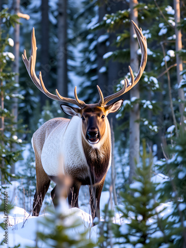 A Mountain Caribou, Rangifer tarandus caribou, in the winter forest of the Cariboo Mountains of British Columbia, a red-listed, endangered, ecotype species . A young bull. photo