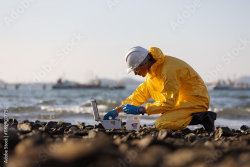 A person wearing a yellow hazmat suit and white helmet kneeling on a rocky shore,performing water quality testing using a sample vial and a testing kit. The sea and boats are visible in the background