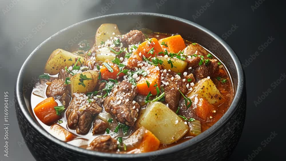 A hearty bowl of beef stew with vegetables, garnished and ready to serve. A hearty bowl of beef stew with vegetables, garnished and ready to serve.