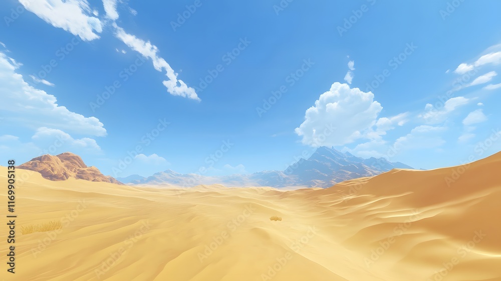 A vast desert landscape with golden sand dunes stretching to the horizon, under a brilliant blue sky A vast desert landscape with golden sand dunes stretching to the horizon, under a brilliant blue sky