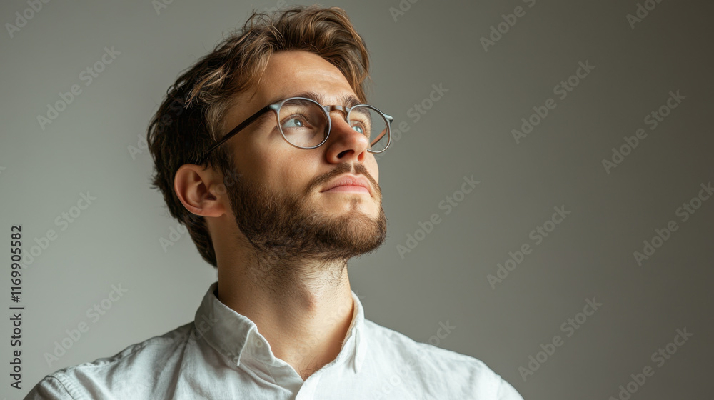 thoughtful man in white shirt gazes upward, reflecting on ideas. His glasses add touch of sophistication to his contemplative expression thoughtful man in white shirt gazes upward, reflecting on ideas. His glasses add touch of sophistication to his contemplative expression
