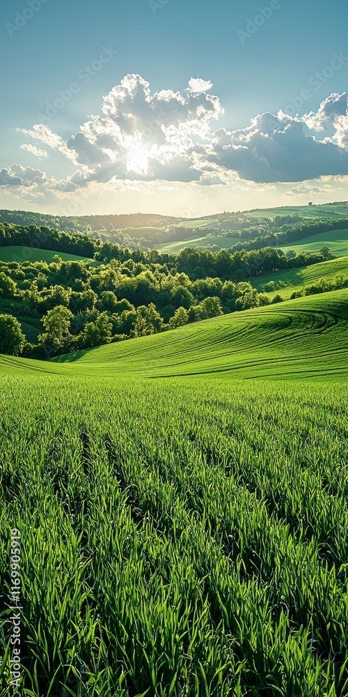 Fototapeta premium Sunlit green hills and fields bathed in sunlight on a partly cloudy day.