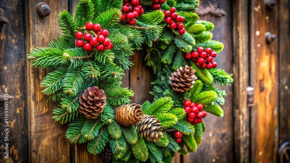 Fototapeta premium Close-up of a vibrant green Christmas wreath, perfect holiday door decoration.