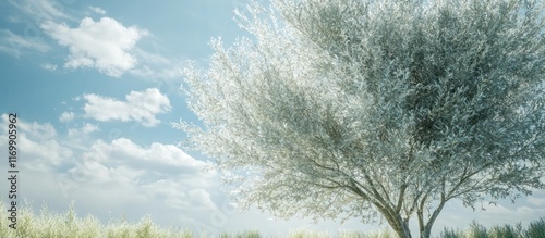 Lush green tree with blossoming branches in a serene spring landscape  Vibrant green foliage a blue sky with fluffy white clouds and a grassy meadow create a peaceful and tranquil outdoor scene photo