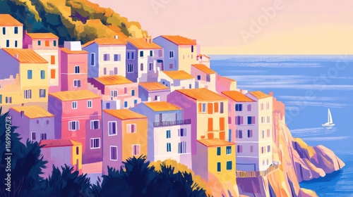 Vibrant Coastal Urban Scene with Warm Light