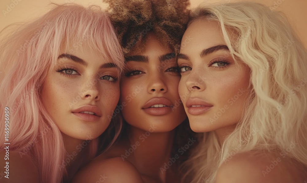 Obraz premium Three diverse women with beautiful makeup and hairstyles close together, looking directly at the camera.