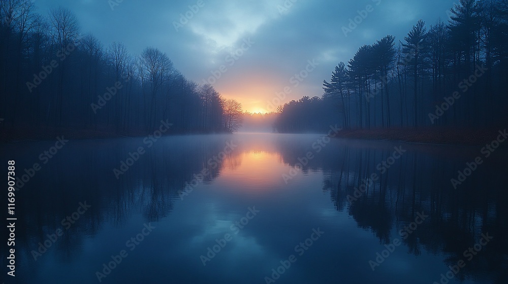 Fototapeta premium Serene Sunset Over Misty Lake And Trees