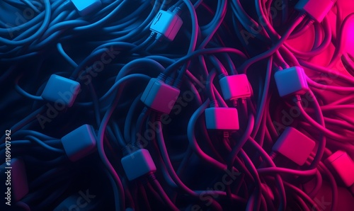 Abstract tangled cables with glowing cubes.