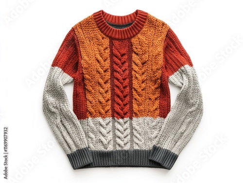 A vibrant handknit sweater with autumnal tones, knitted in a chunky style with textured details. photo