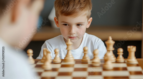 Wallpaper Mural A focused child engages in a chess game, contemplating his next move against an unseen opponent. Torontodigital.ca