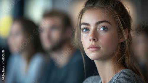 Wallpaper Mural young woman with long hair and striking blue eyes gazes thoughtfully, surrounded by blurred figures in modern setting. Her expression reflects curiosity and engagement Torontodigital.ca