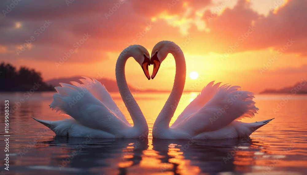 Fototapeta premium two swans making a heart shape with their necks against a vibrant sunset landscape. 
