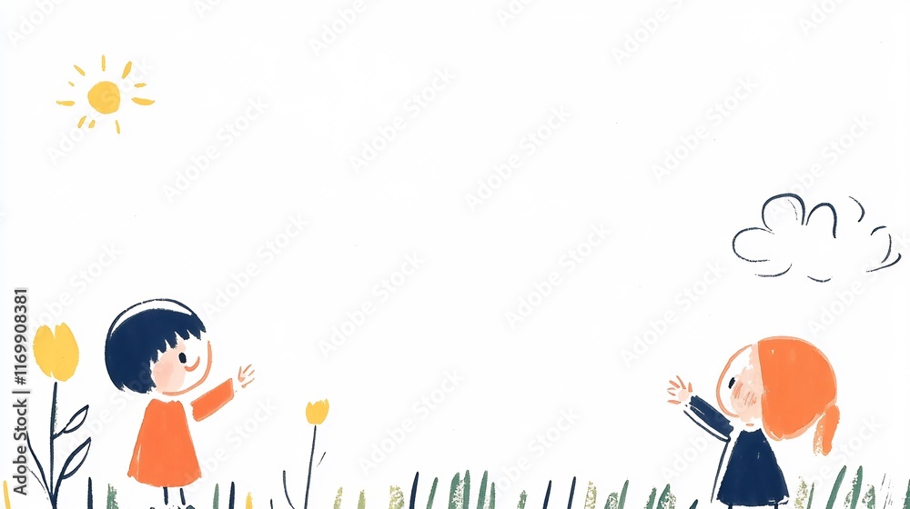 Joyful Children's Hand-Drawn Illustration: Playfully Reaching in Sunny Meadow. AI Generated Joyful Children's Hand-Drawn Illustration: Playfully Reaching in Sunny Meadow. AI Generated