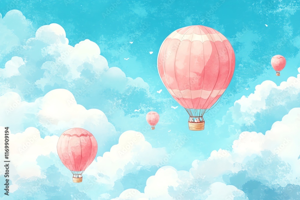 Fototapeta premium A whimsical scene of four pink hot air balloons floating high in a blue sky dotted with white clouds.