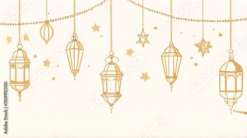 Traditional Arabic Ramadan Kareem Lanterns with Golden Stars, Moon, and Oriental Islamic Garlands Illustration