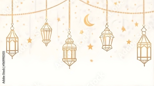 Traditional Arabic Ramadan Kareem Lanterns with Golden Stars, Moon, and Oriental Islamic Garlands Illustration