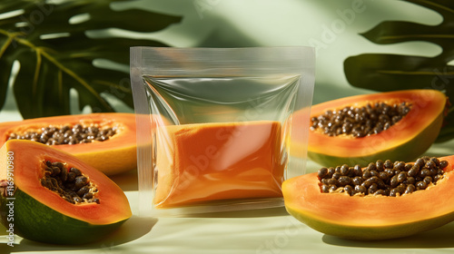 Vibrant tropical presentation of Papaya Seed Extract powder in a resealable poly bag with fresh papaya slices. photo