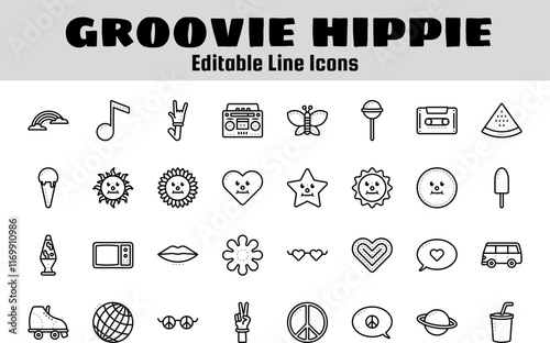 Groovie hippie outline icon set