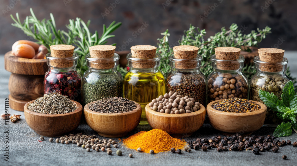 vibrant display of various spices and herbs glass jars and wooden bowls, showcasing rich assortment of colors and textures. arrangement includes dried herbs, seeds, and oils, creating culinary vibrant display of various spices and herbs glass jars and wooden bowls, showcasing rich assortment of colors and textures. arrangement includes dried herbs, seeds, and oils, creating culinary