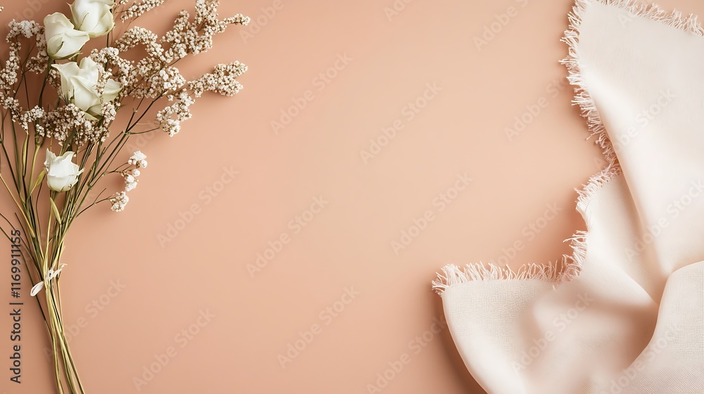 Fototapeta premium White Flowers and Cream Fabric on Peach Background