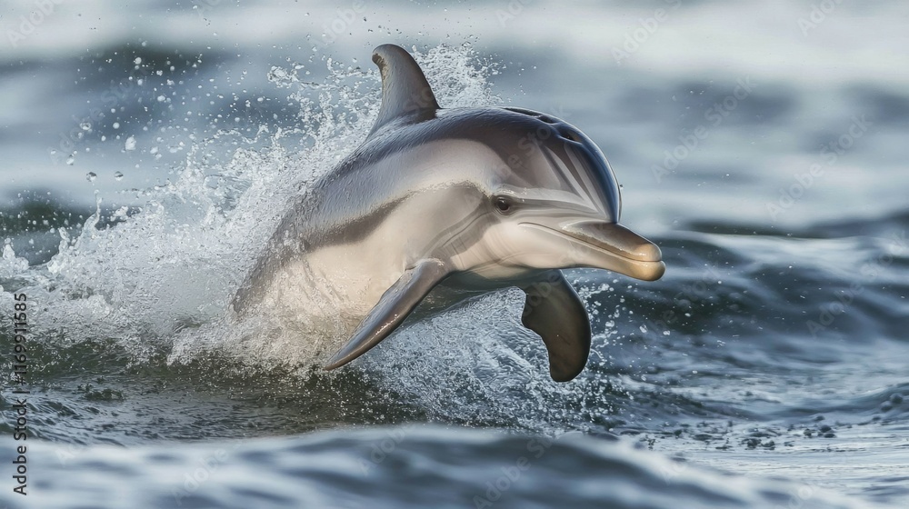 Obraz premium A dolphin leaps from the ocean, creating a splash of water. The dolphin's sleek body and powerful movements are captured in this dynamic image.