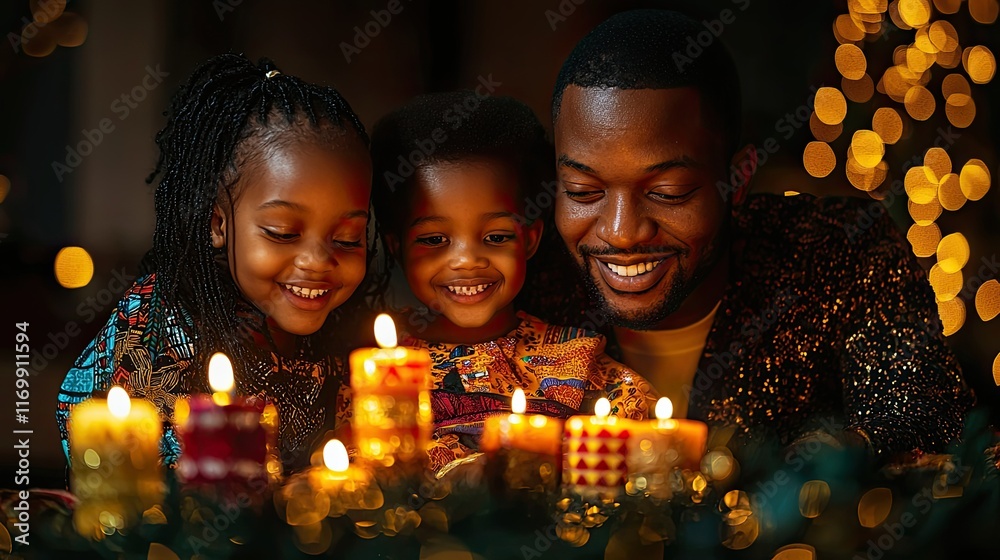 Happy African American father and his two daughters enjoying the warm glow of Christmas candles. Happy African American father and his two daughters enjoying the warm glow of Christmas candles.