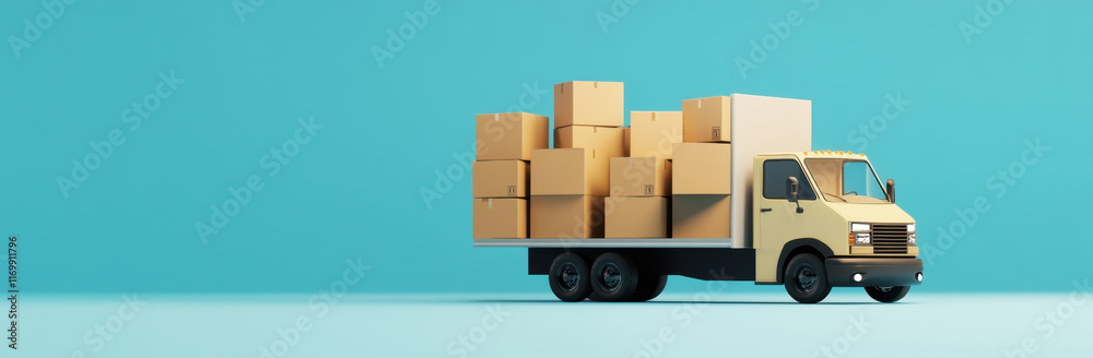 delivery truck loaded with cardboard boxes against bright blue background, showcasing moving service concept. scene conveys efficiency and organization in logistics