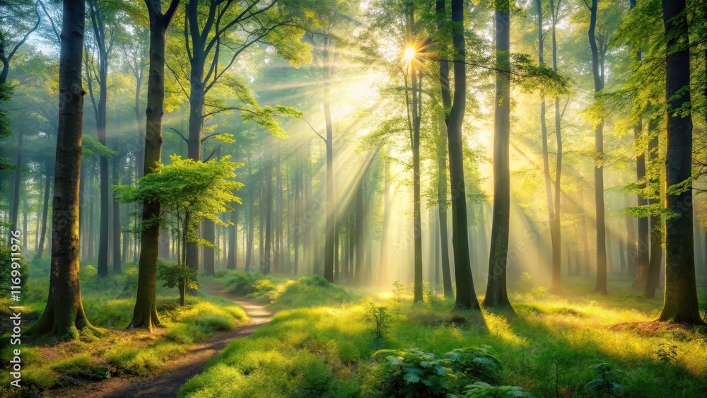 Soothing forest landscape with misty atmosphere and gentle sunlight filtering through trees, relaxation, misty morning Soothing forest landscape with misty atmosphere and gentle sunlight filtering through trees, relaxation, misty morning