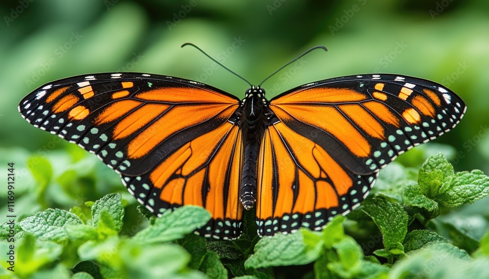 Close-up of a Monarch butterfly, wings spread wide, perched on vibrant green foliage. Illustrates the beauty and detail of nature; ideal for environmental or wildlife themes. Close-up of a Monarch butterfly, wings spread wide, perched on vibrant green foliage. Illustrates the beauty and detail of nature; ideal for environmental or wildlife themes.