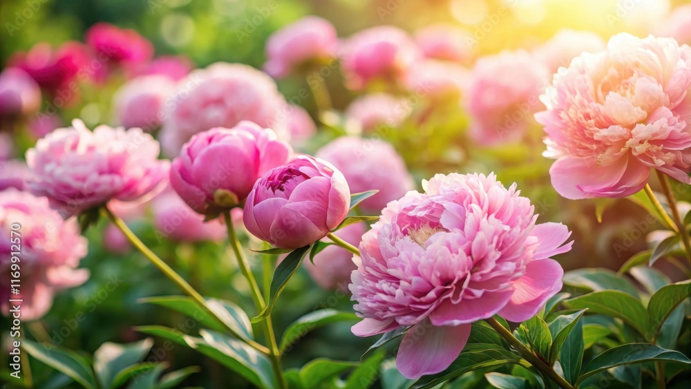 Soft pink peonies blooming in a lush garden, blooming flowers Soft pink peonies blooming in a lush garden, blooming flowers