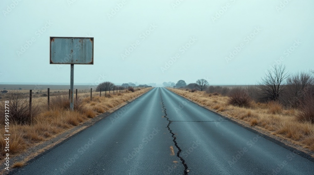 Empty Road Ahead with Blank Signpost on a Hazy Day Empty Road Ahead with Blank Signpost on a Hazy Day