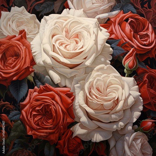 Elegant arrangement of red and white roses with intricate details, showcasing beauty, romance, and timeless floral artistry for decorative purposes.