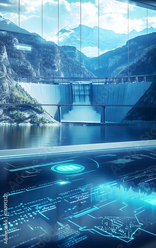 A high-tech financial center displaying stock market trends for hydro power companies, with visuals of large dams and river systems generating renewable energy photo